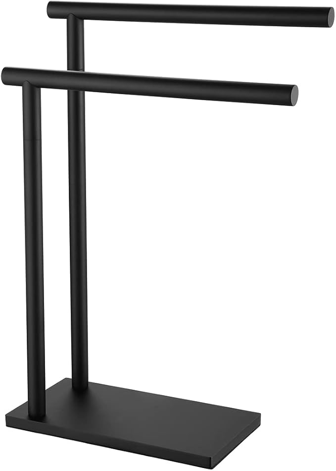 JQK Hand Towel Holder Stand Black, Modern Tree Rack Free Standing for Countertop with 12 Inch 2 Bars, 304 Stainless Steel Matte Black 9.45x5.12 Inch Base, HTT172-PB