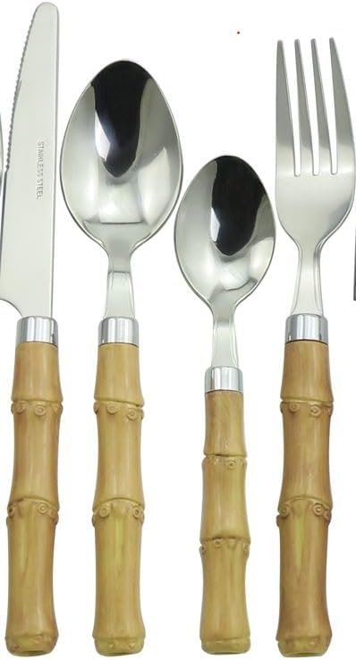The Original Brink House Beyond Bamboo Stainless Steel Cutlery Set with Naturalistic Bamboo Handles / 16 pieces with Metal Stand, Lifestyle utensils set for home, first apartment, dorm, outdoor events