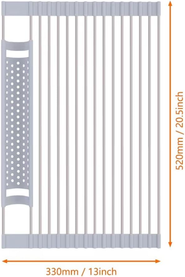 Silicone Wrapped Dish Drying Rack Above Sink, Width 20.47 inches x Length 12.99 inches, roll up Dish Drain Above Sink - Foldable (Stainless Steel)