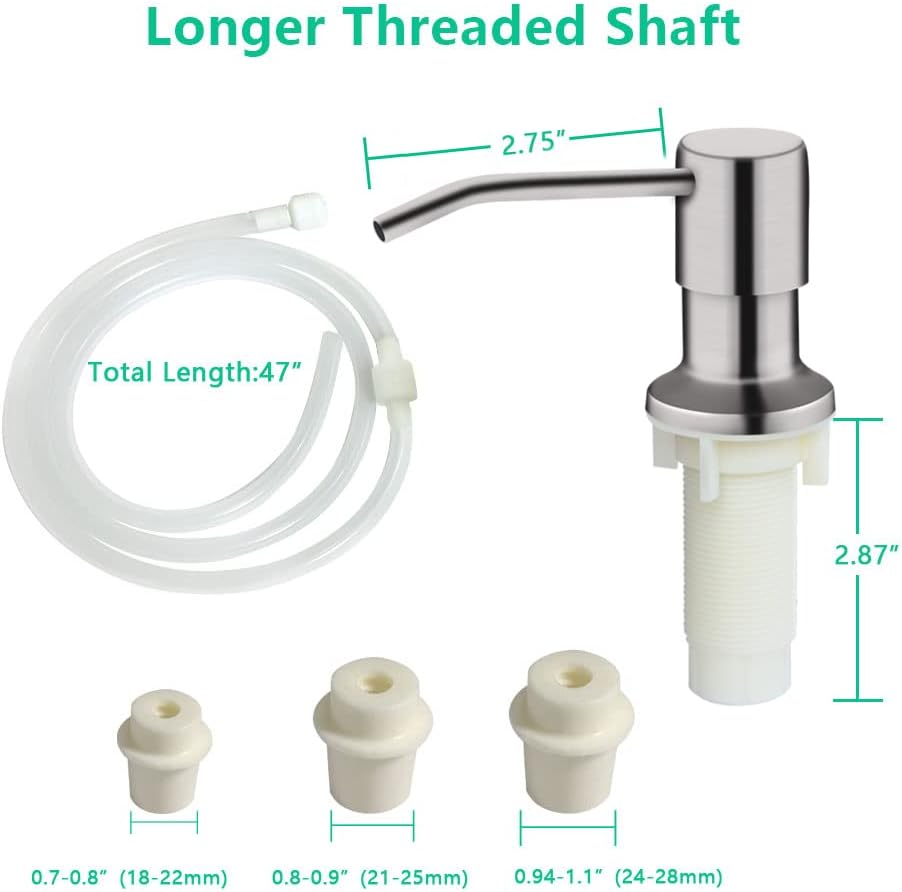 Soap Dispenser for Kitchen Sink, Built in Sink Soap Dispenser (Brushed Nickel), Countertop Soap Dispenser Pump with 47" Extension Tube kit, No Need to Fill Little Bottle Again (Longer Thread Shaft)