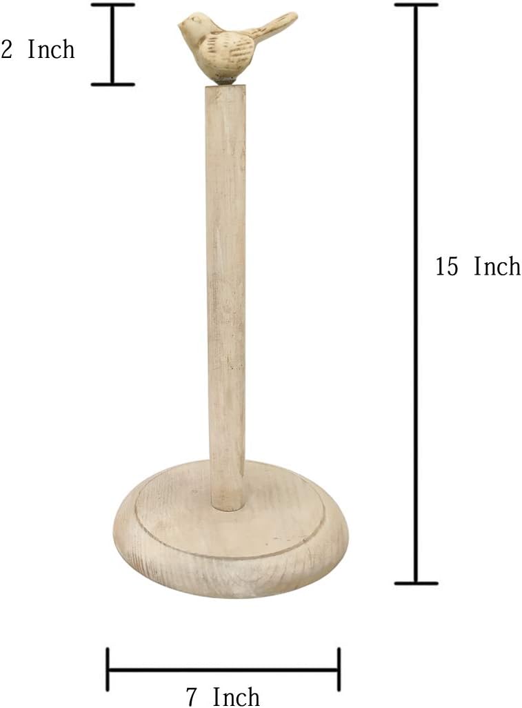Bird Design Shabby Whitewashed Wood Paper Towel Holder Stand Up Paper Towel Holder, Easy One-Handed Tear Kitchen Paper Towel Dispenser with Weighted Base for Standard Paper Towel Rolls