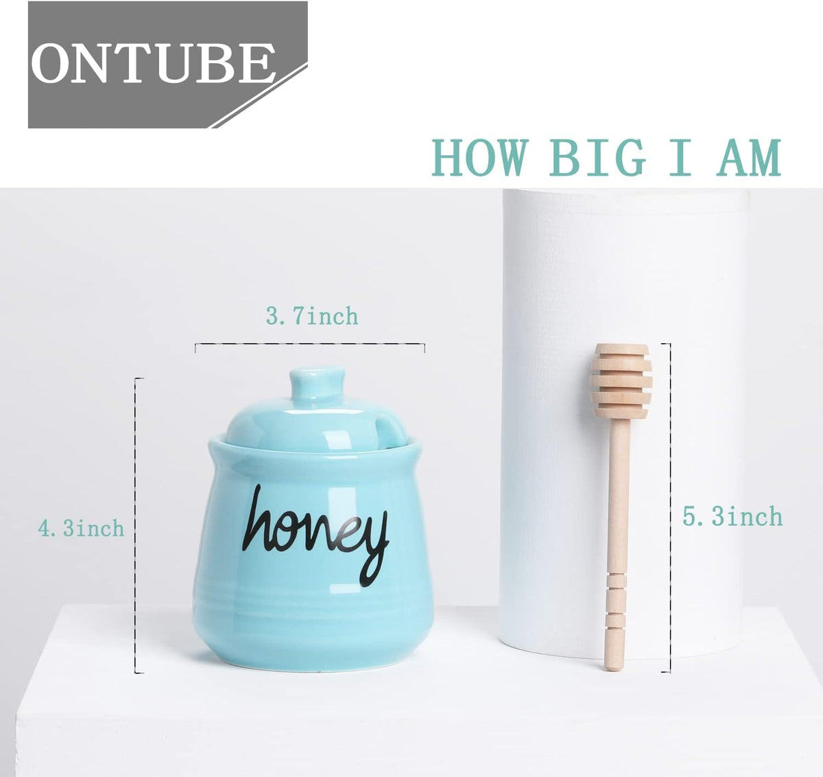 Honey Jar with Dipper and Lid, Ceramic Honey Pot 12oz, Turquoise