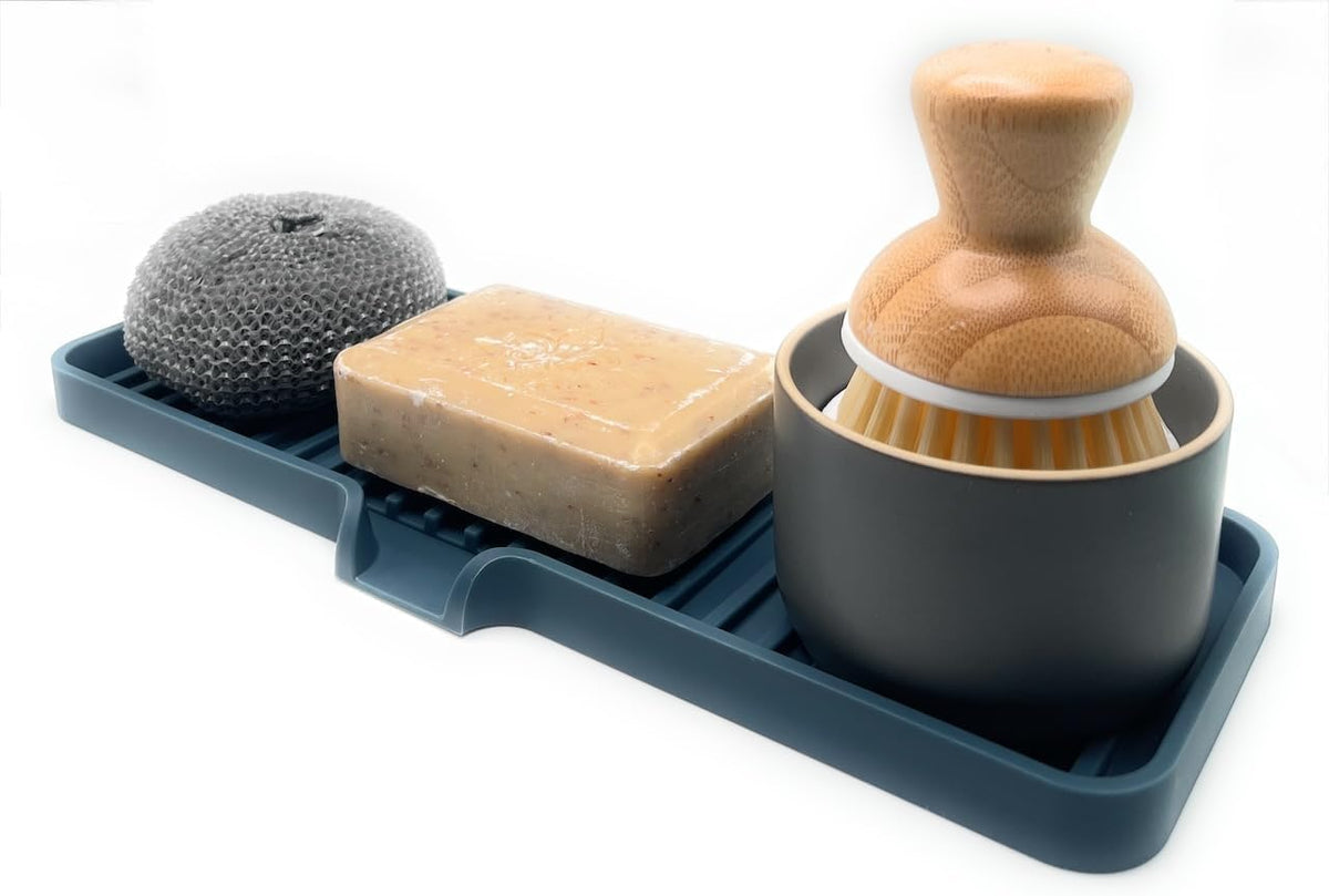 Happitasa Silicone Soap Dish Tray and Sponge Holder with Drain Chute | Bathroom and Kitchen Sink Organizer Caddy (Smoky Blue, 12"x4", 7.4 Ounces)