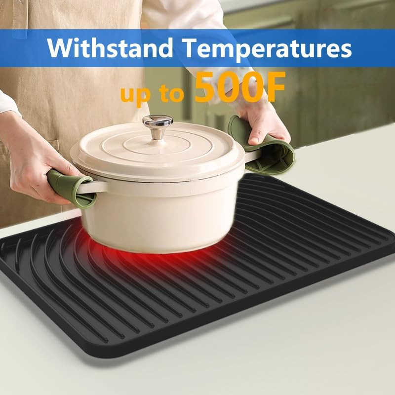 Dish Drying Matt for Kitchen Counter,18"×12"Silicone Dry Rack Mat with Built in Drain, Kitchen Dry Mats for Dishes Drying Pad for Counter(black)