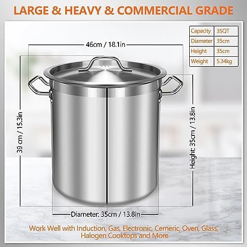 35 Quart Stainless Steel Cooking Pot - Stock Pot with Lid - Large Soup Pot for Cooking, Stew, Pozole, Pasta - Induction Compatible - Ideal for Home & Commercial Use