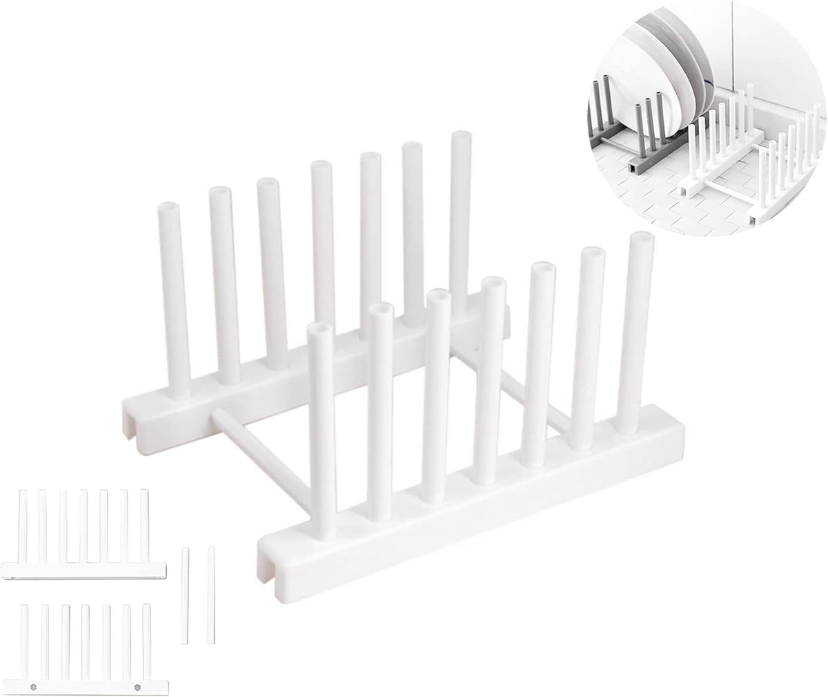 White Plate Organizer for Cabinet 4 Pack, Plstic Plate Rack Stand Keep Dry for Dish, Bowl, Bakeware, Serving Tray and More, Plate Holder for Cabinet Rack, Dish Organizer Rack for Cabinet