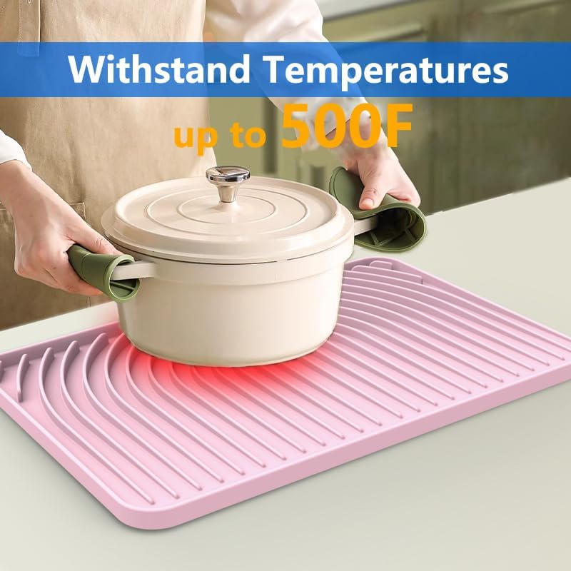 Dish Drying Matt for Kitchen Counter,18"×12"Silicone Dry Rack Mat with Built in Drain, Kitchen Dry Mats for Dishes Drying Pad for Counter(18"×12"Pink)