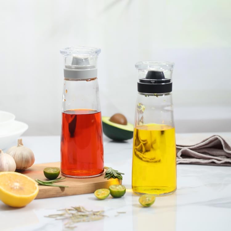 Glass Olive Oil and Vinegar Dispenser Bottles Set for Kitchen Cooking with Silicone Dual Pouring Spout, Soy Sauce Dispenser with Dust-proof Lid - Set of 2 (White, 8 oz)