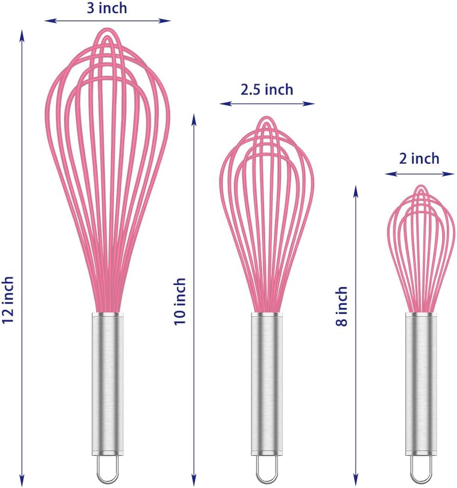 Pink Silicone Whisk, Professional Whisks For Cooking Non-Scratch, Stainless Steel & Silicone Wisk, Plastic Rubber Whisk Tool For Nonstick Cookware Pans, Silicon Wisks Set of 3