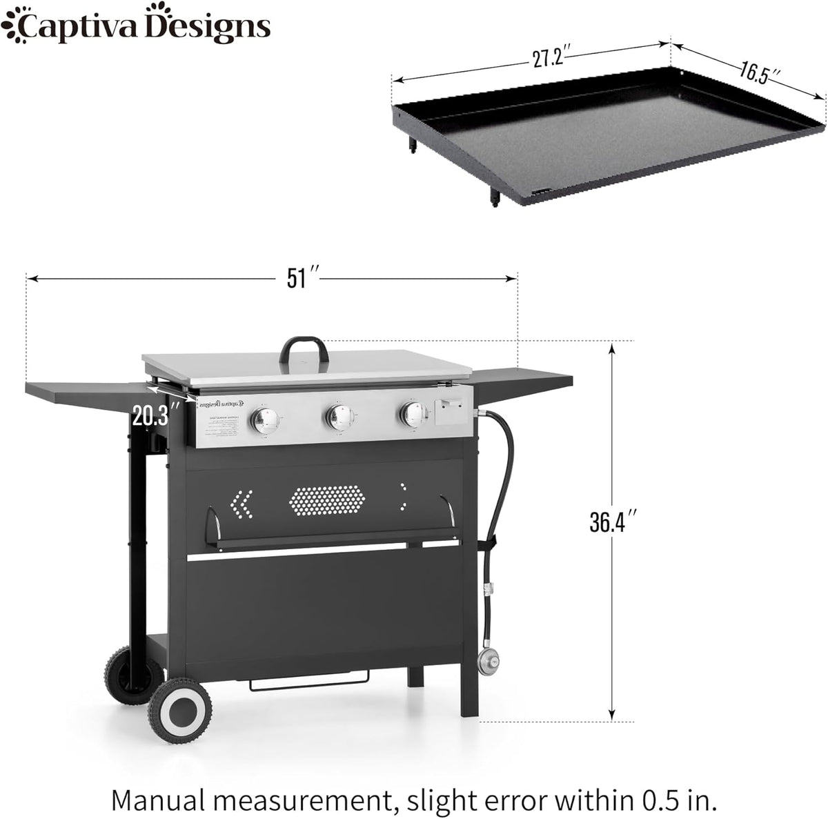 Captiva Designs 27 in Flat Top Griddle Grill with Ceramic Coated Cast Iron Pan, 3-Burner Propane Gas Griddle Grill, 33,000 BTU Output Flattop Grills for Outdoor Barbecue, Cooking and Party