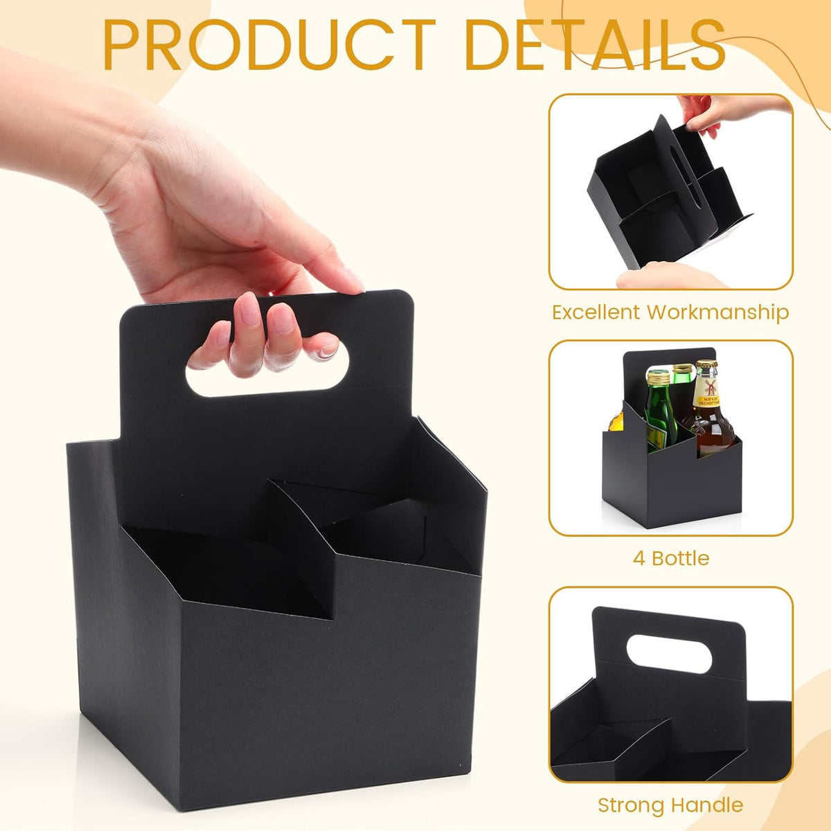 Jetec 4 Cup Drink Carrier with Handle, Kraft Paperboard Beer Carrier, Disposable Drink Holder for Hot or Cold Drinks, 12-16 oz Bottle Holder for Soda and Other Bottled Products(50 Pcs,Black)