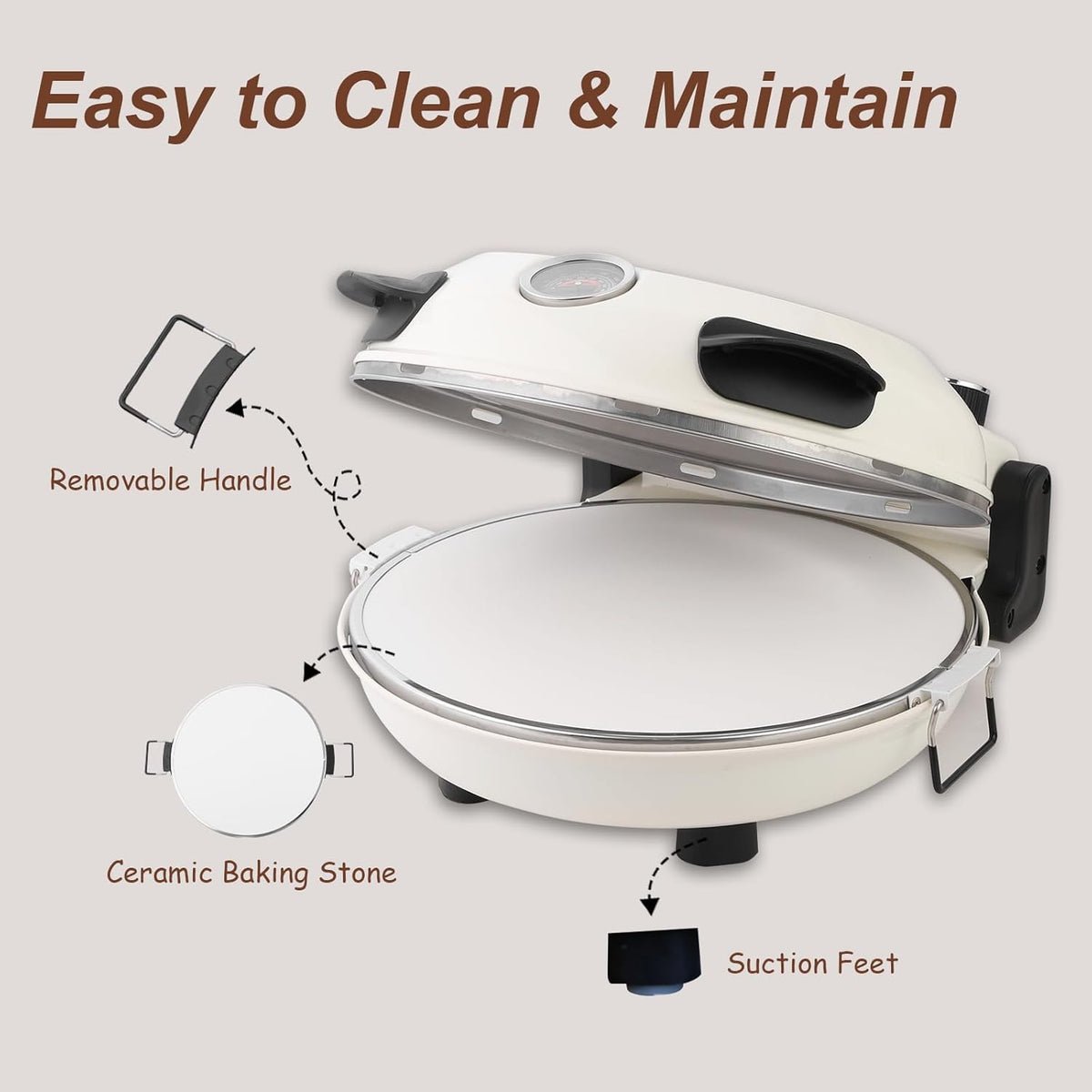 12" Electric Pizza Oven - Countertop Pizza Maker with Ceramic Stone, Heats up to 800°F, Portable Indoor Pizza Oven for Homemade Pizzas, White