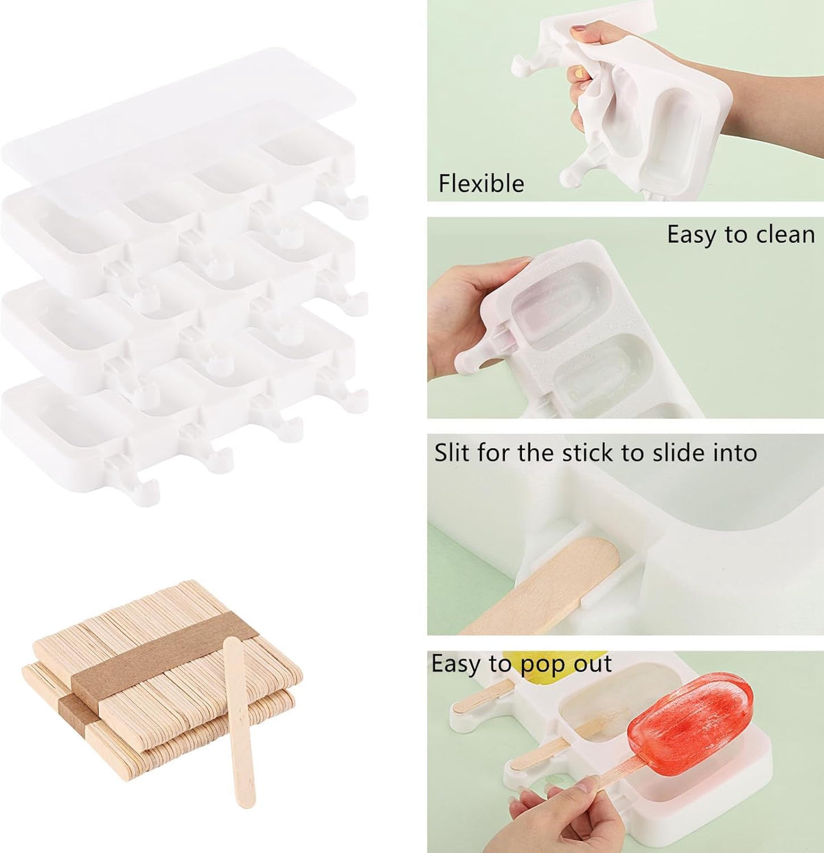 3 Set Popsicles Molds with Lids and 100 Pcs Wooden Popsicles Sticks, Standard Size 4 Cavities Silicone Ice Pop Molds for Making Cakesicles, Cake Pops, Ice Cream - BPA Free