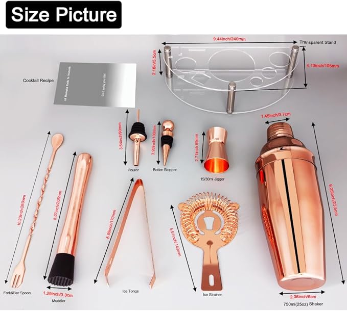 Cocktail Shaker Set with Stand, Cocktail Shaker Bartender Kit: Bar Tool Set, Drink Mixing Includes Martini Shaker,Strainer,Jigger,Bar Mixer Spoon,Muddler, Pourer, Bottle Stopper (Rose Gold)