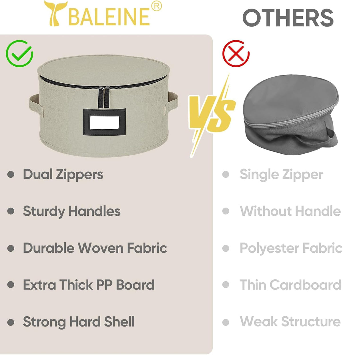 BALEINE China Storage Containers, Sturdy Quilted Wine Glass Storage, Plate Organizer with Carry Handles, Moving Boxes for Dishes, Cups, Mugs and Stemware (Plate, Hard Shell Cream)