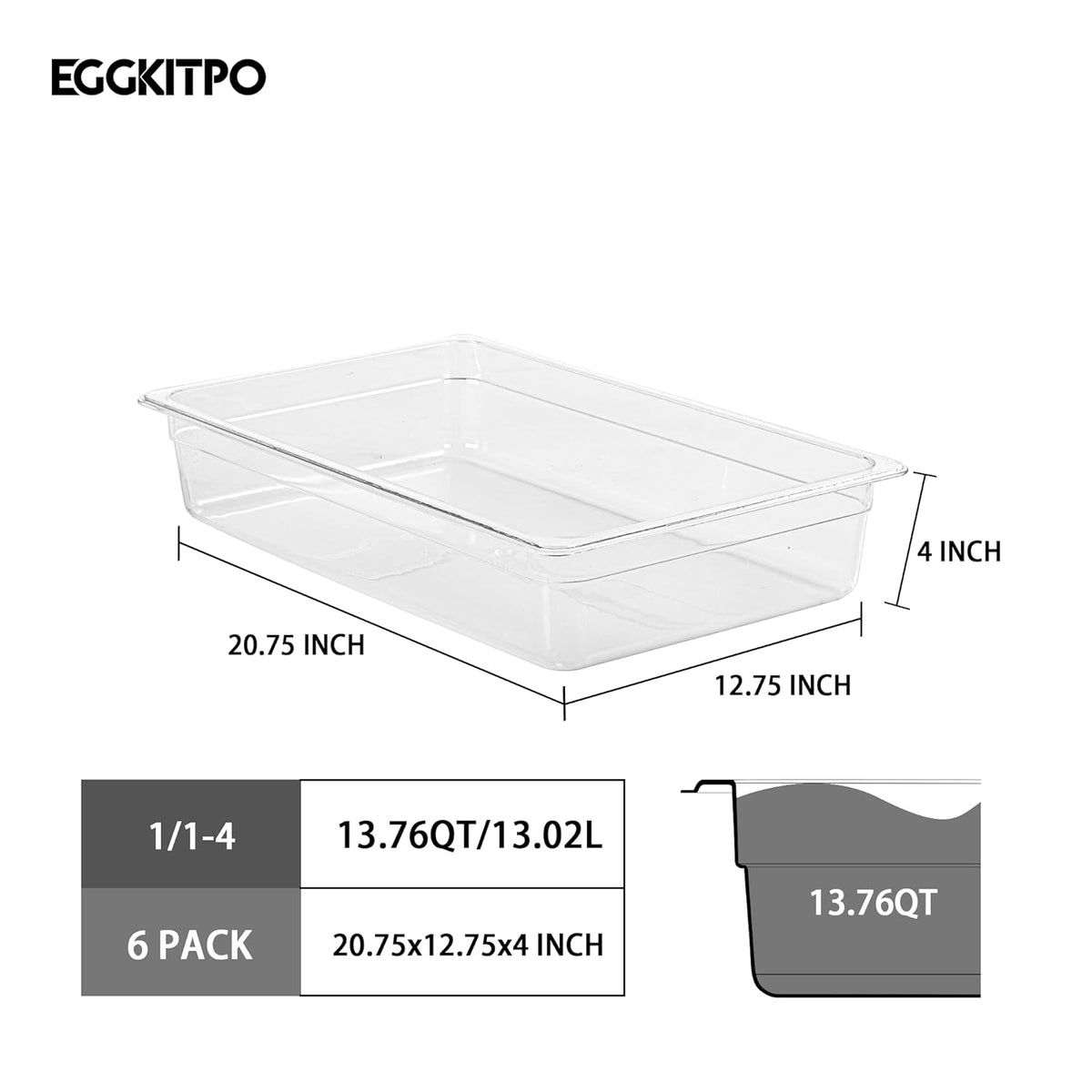 6-Pack 1/1 Size Food Pan 4 Inch Deep BPA Free Polycarbonate Food Storage Containers for Busy Kitchen Stackable Clear Hotel Pan for Buffet Party Supplies Dishwasher Safe