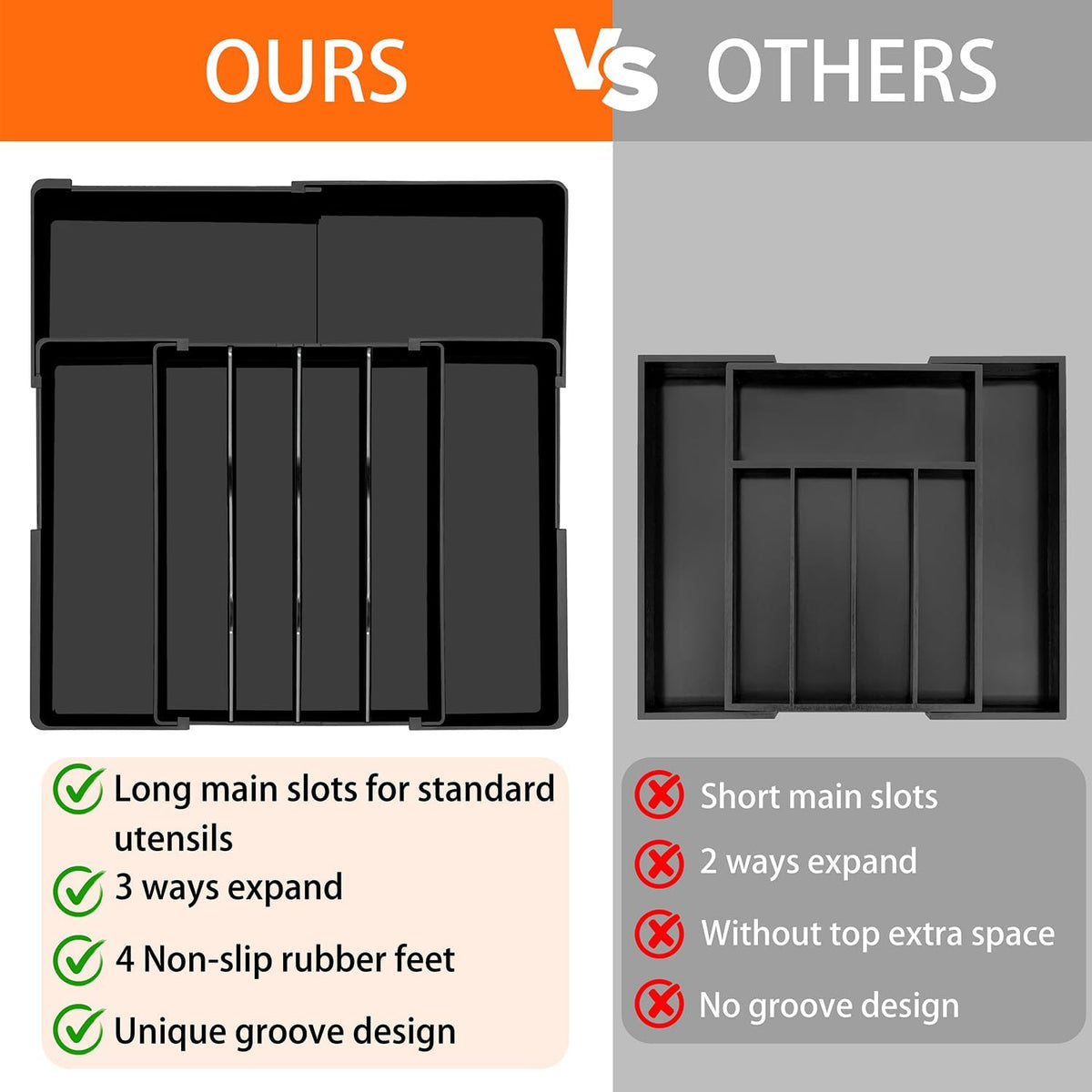Silverware Organizer - Expandable Kitchen Drawer Organizer BPA-Free Silverware Drawer Organizer, Stackable Cutlery Tray for Forks, Knives, Slim Kitchen Organizers and Storage, Black, Large