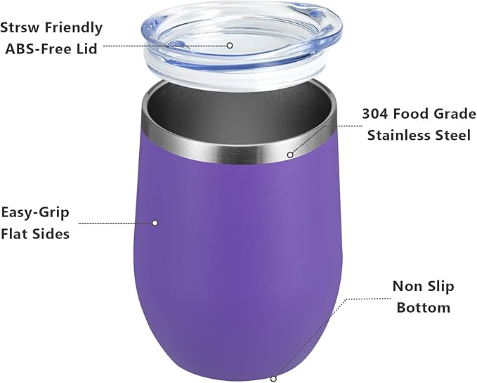 MEWAY 12oz/4 Pack Wine Tumbler Glasses with Lid - Stemless Double Wall Vacuum Stainless Steel Travel Tumbler - Keeping Cold & Hot for Wine,Coffee,Cocktails,Drinks-Family and Gifts (Purple,Set of 4)