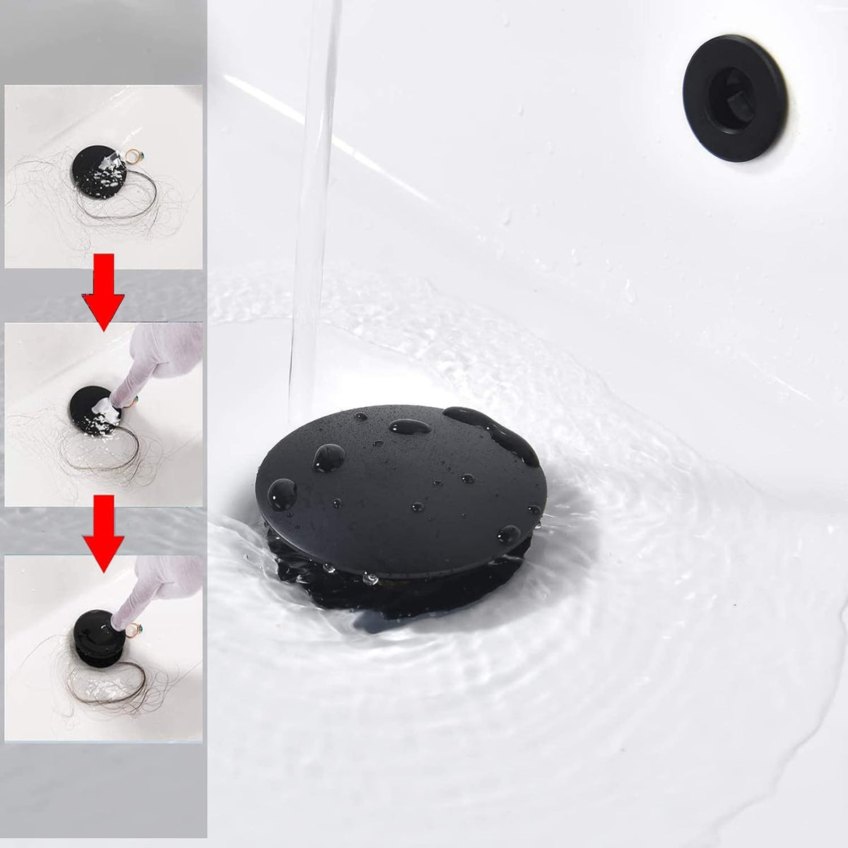 Bathroom Sink Drain,5 Pack Drain Stopper Bathroom Sink Without Overflow,Pop Up Drain Assembly with Detachable Strainer Basket,Built-in Anti-Clogging Strainer,Stainless Steel Mattle Black