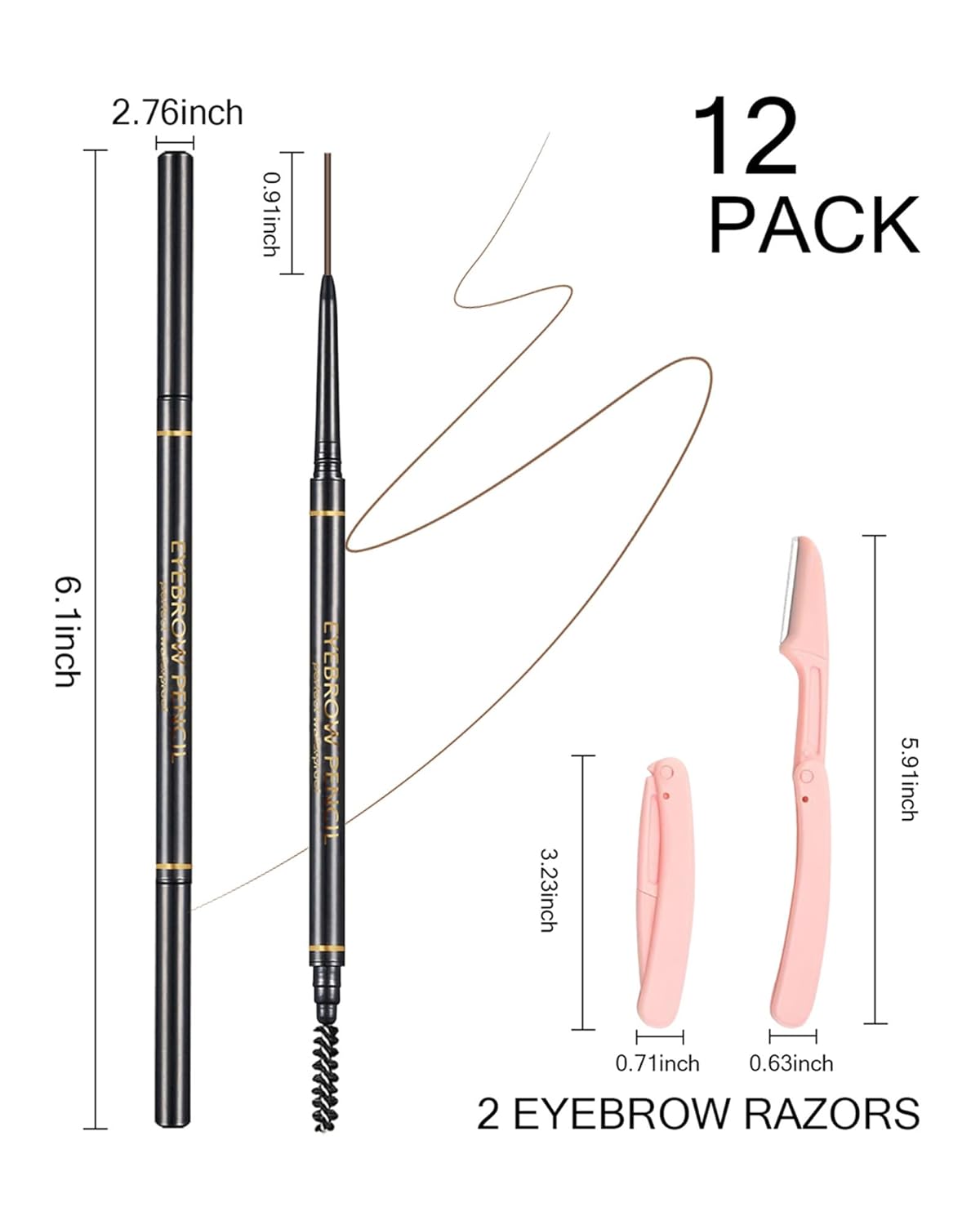 Dark Brown Eyebrow Pencils for Women, 12Pcs Ultra Slim Eyebrow Pencil with 2 Brow Razors Kit, Double Head 1.5mm Micro-Fine Tip & Spiral Brush, Can Draw Fine and Long-Lasting Brows Makeup