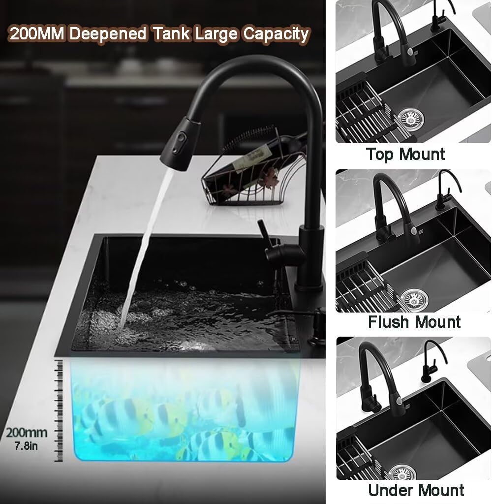 Black Drop in Kitchen Sink, Stainless Steel Single Bowl Sink with 3 Holes, Topmount Workstation Sink, Farmhouse Rectangle Basin with Multiple Accessories (23.6 * 17.7 * 7.9in)