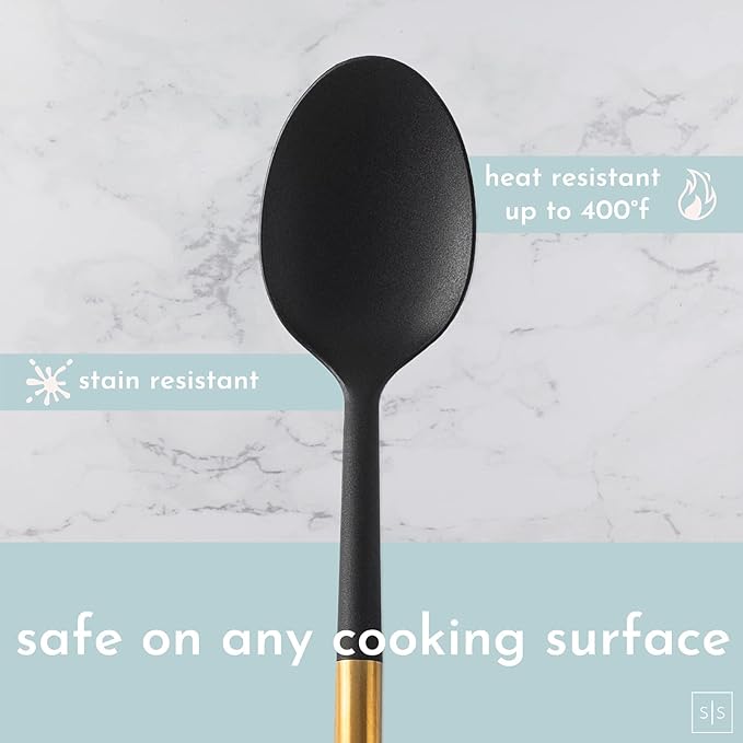 Black and Gold Kitchen Utensils Set with Stainless Steel Holder – 18-Piece Nylon Cooking Utensils with Measuring Cups and Spoons – Stylish Gold Kitchen Accessories for Baking and Cooking