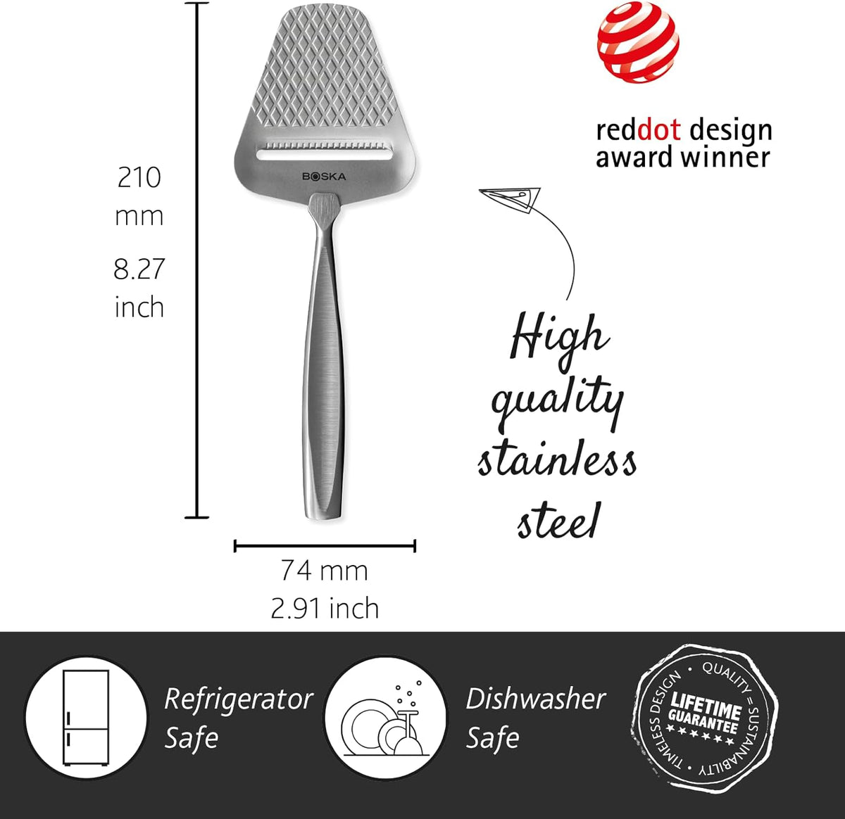 BOSKA Monaco+ Premium Cheese Slicer - Award Winning Cheese Cutter for Block Cheese, Cheddar up to Parmesan - Quilted Pattern reduces Resistance - Non-stick & Ergonomic Handheld