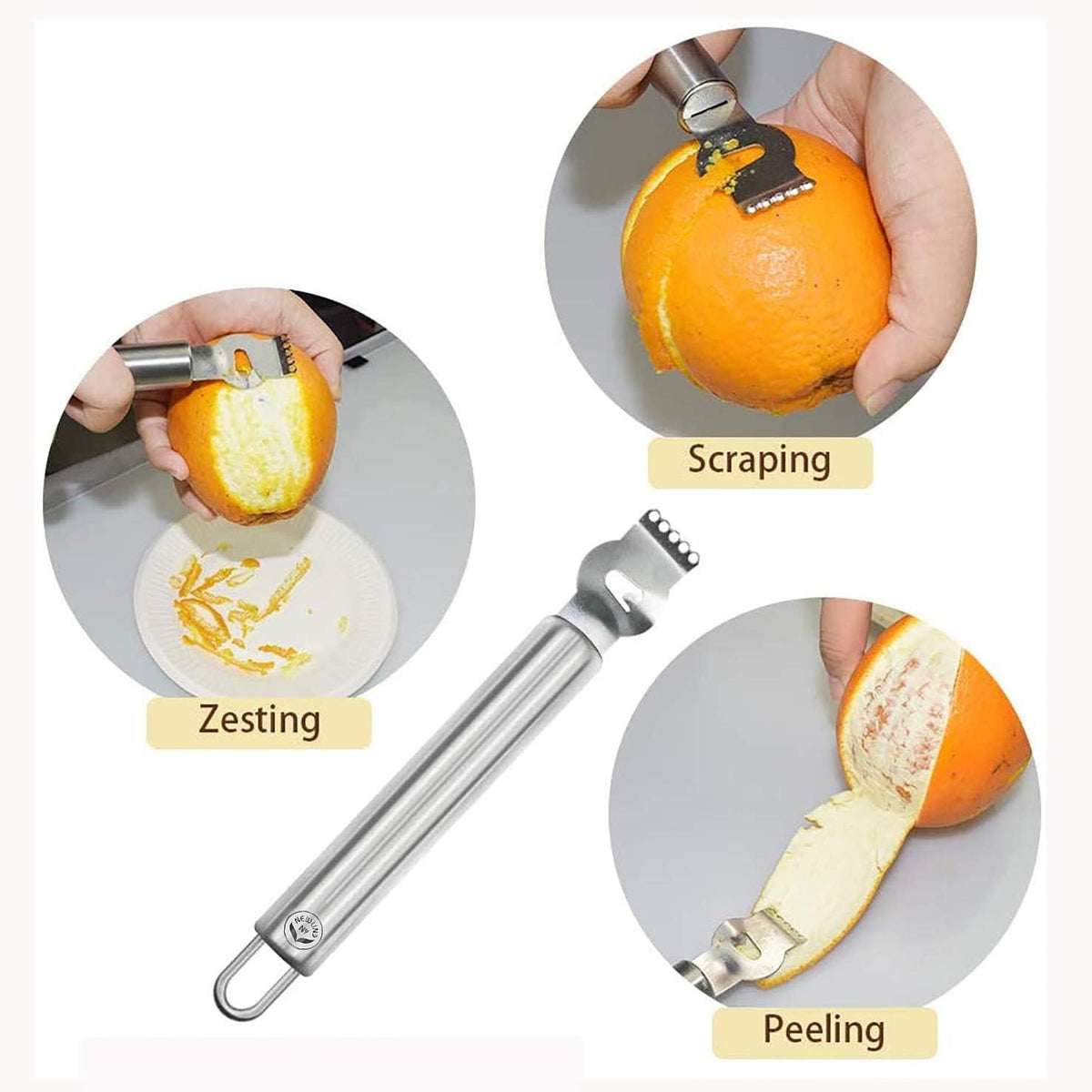 NewlineNY Stainless Steel Kitchen Tools: Zester Grater with Channel Knife, Apple Cupcake Corer, Fruit and Melon Scooper, Fruit & Veggie cutting knife, 4 Pcs Set