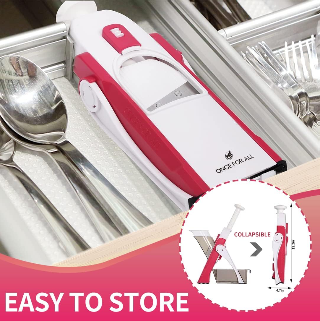ONCE FOR ALL Safe Mandoline Slicer 5 in 1 Vegetable Cutter, Strips Julienne Dicer Adjustable Thickness 0.1-8 mm for Kitench Fast Meal Prep (Red)
