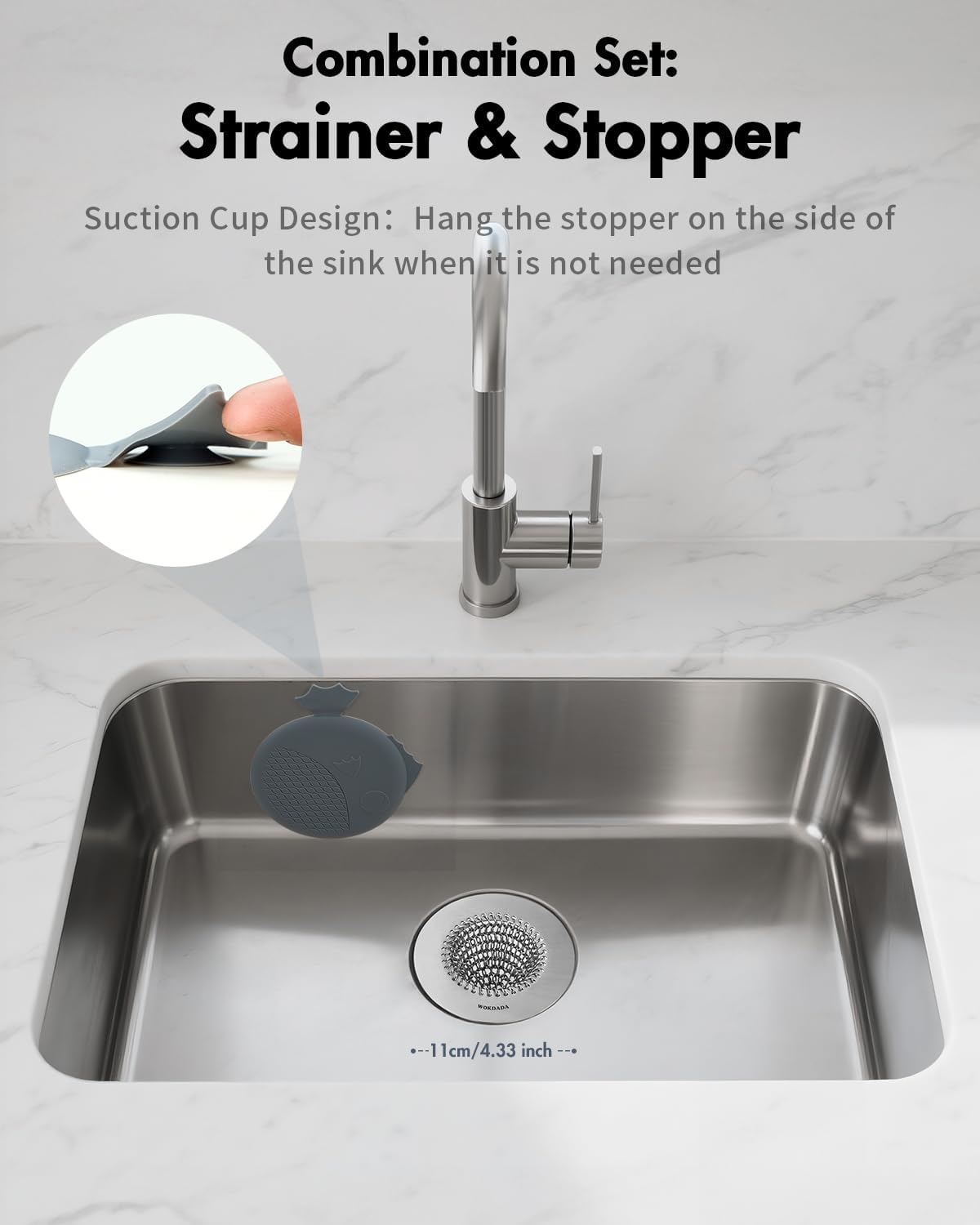 Kitchen Sink Drain Strainer with Stopper, Wokdada Revolutionary 304 Stainless Steel Screen Mesh Sink Strainer & Silicone Kitchen Sink Stopper, Easy Clean, Clog-Free Food Catcher for Garbage Disposal