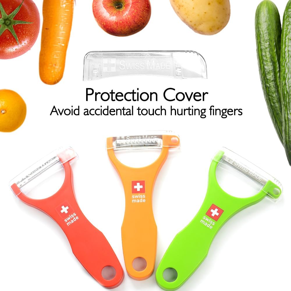 Swiss Peeler Vegetable & Potato Peelers for Kitchen, Original Swiss Made Ergonomic Kitchen Peelers for Effortless Prep - Pack of 3 (Green + Orange + Red)
