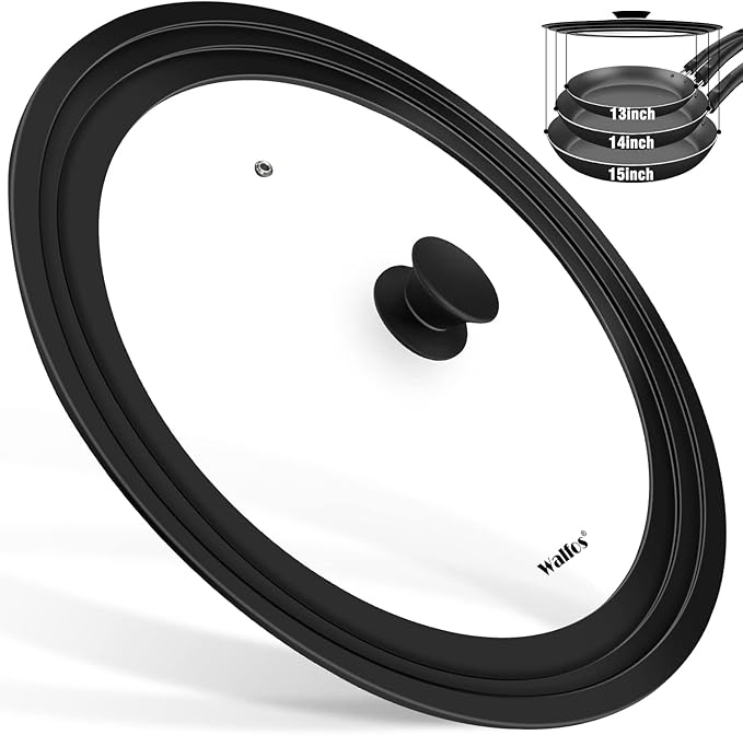 Walfos Universal Lid for Pots, Pans and Skillets - Tempered Glass with Heat Resistant Silicone Rim, Fits 13", 14" and 15" Diameter Cookware