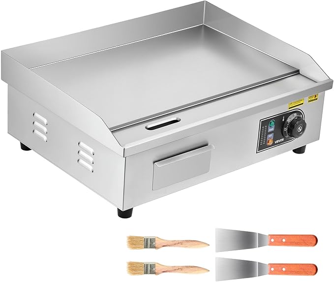 VEVOR Commercial Electric Griddle, 21.06 x 11.81 inch, 3200W, 122-570°F Adjustable Temp Control, Stainless Steel Body, Full Flat, with 2 Spatulas, 2 Brushes, and 4 Foot Pads, for Steak, Pancake
