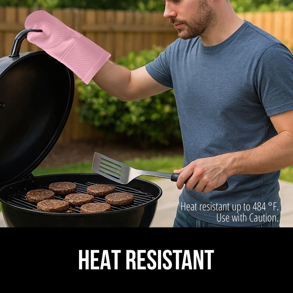 GORILLA GRIP BPA-Free Soft Silicone Oven Mitts, Heat Resistant and Waterproof Cooking Gloves, Thick Cotton Lining, Flexible Gripping for Baking Grilling, Kitchen Potholders Set of 2, 12.5x8.3, Pink