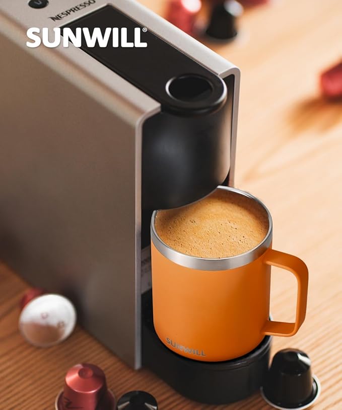 SUNWILL Insulated Coffee Mug with Lid, Travel Tumbler with Handle, 14 oz Stainless Steel Cup for Camping, Office, Home, Powder Coated Orange