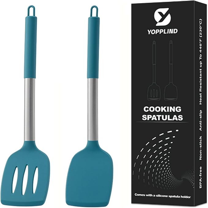 3Piece Silicone Spatula Set, Heat-Resistant, Non-Stick Kitchen Spatulas, BPA-Free, for Eggs, Pancakes, Fish, Woks, Includes Multifunctional shelf spoon pad (Light blue)