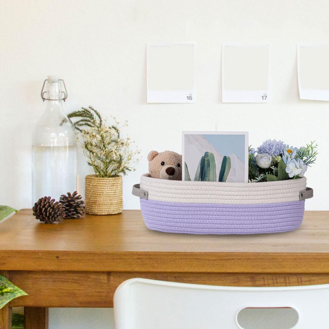 2 Pack Small Cotton Rope Woven Basket Toilet Paper Baskets for Organizing Decorative Baskets for Boho Decor Small Storage Basket 13"x5.9"x4" Purple