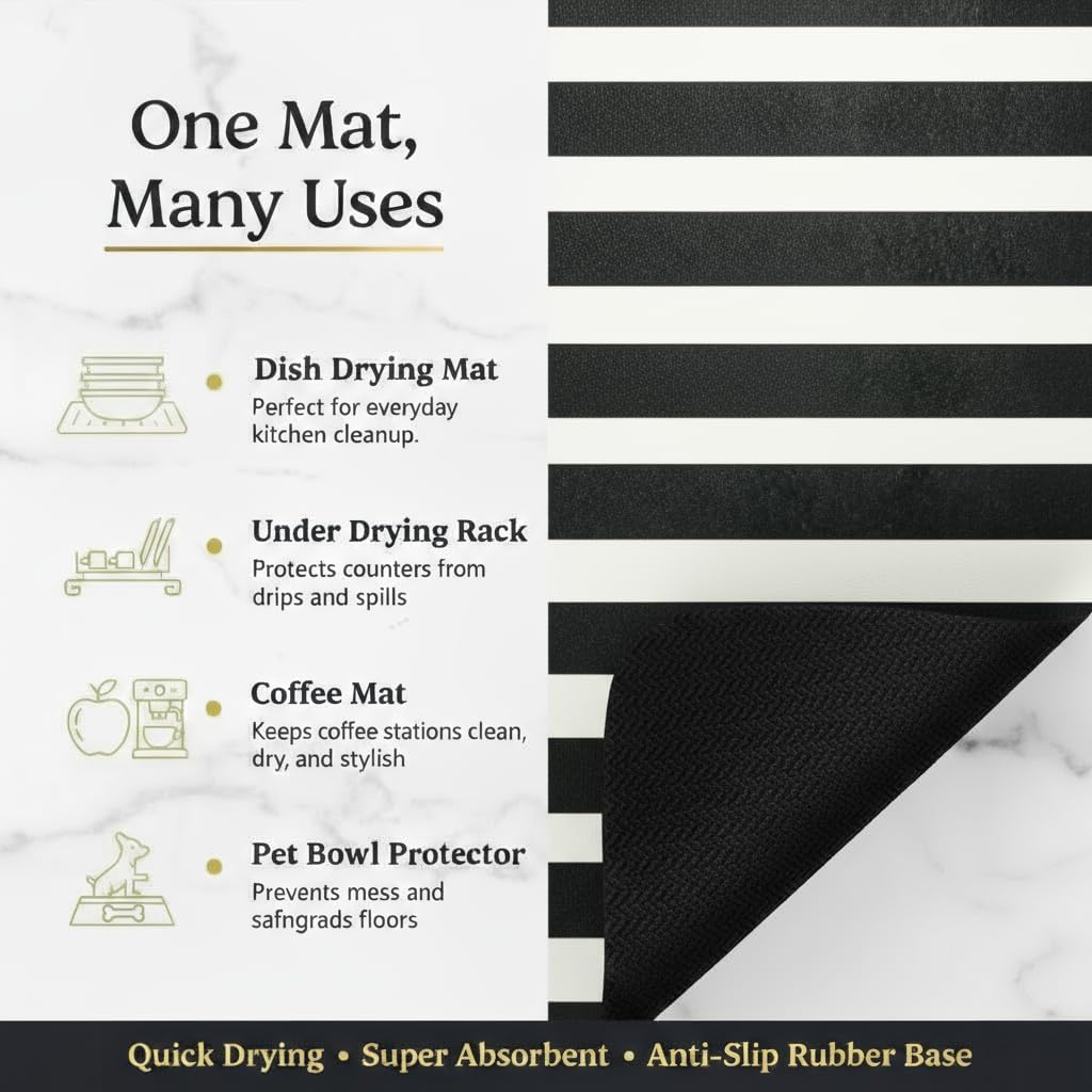 Dish Drying Mat Super Absorbent – 16" x 18" Coffee Mat for Countertops – Non-Slip Drying Mat for Kitchen Counter – Easy to Clean Water Absorbent Mat – Large Dish Drying Mats (Zebra)