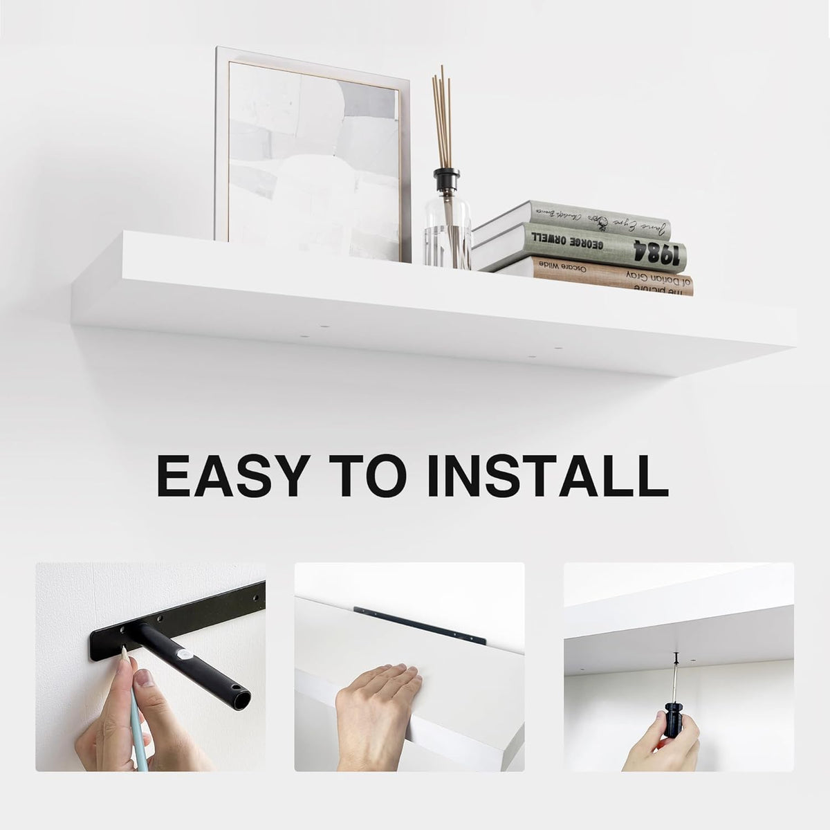 Colima Floating Shelves for Wall White Wood Wall Shelf for Bedroom, 24 Inch Wall Mounted Floating Shelves for Bathroom Living Room Kitchen Office, 1.3" Thick Floating Book Shelves for Wall, Set of 3