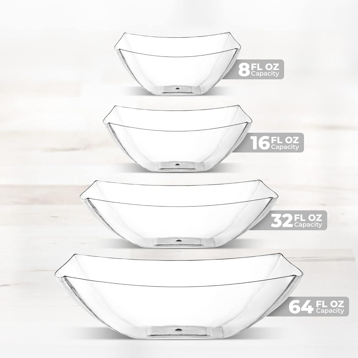 Posh Setting Clear Plastic Serving Bowls Disposable - Square Bowls - Square Candy Bowl - Plastic Snacks & Chip Bowls for Parties - Black, Gold & Clear, White Serving Dishes, 16 OZ, 4 Pack