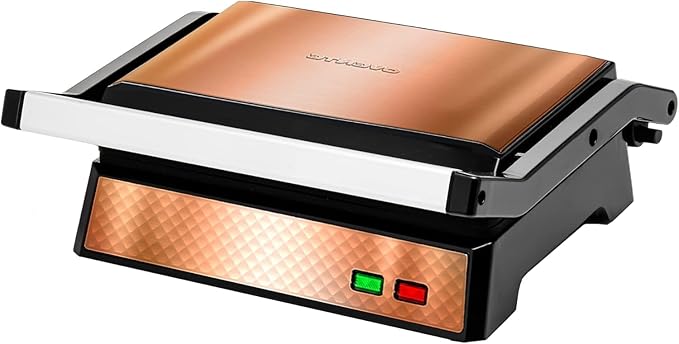 OVENTE Electric Panini Press Sandwich Maker with Non-Stick Coated Plates, Opens 180 Degrees to Fit Any Type or Size of Food, 1000W Indoor Grill Perfect for Quesadillas, Burgers & More, Copper GP0620CO
