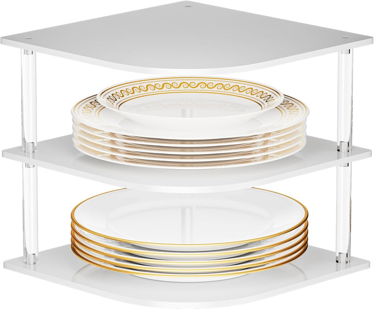 Plate Organizer for Cabinet Space Saver - Acrylic Corner Shelf for Dishes, Bowls, 3-Tier Kitchen Countertop Cabinet Organization, Dinner Plates Holder, and Small Shelf for Bathroom Storage - White