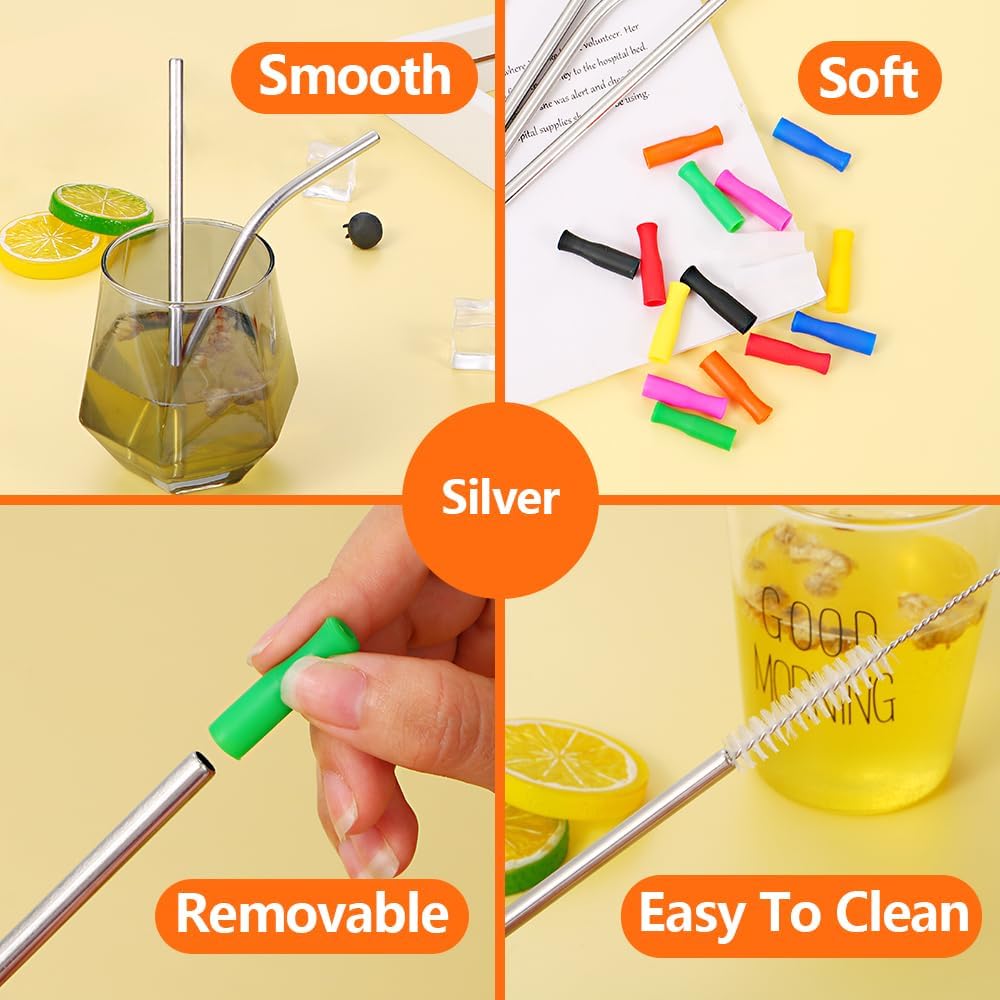 Lazycorner 16 Pcs Short Metal Straw, 6mm 5.5" 6.5" Kids Reusable Straw Silicone Tips Cleaner, Mini Small Stainless Steel Straws Fit 8 10 12 oz Tumbler/Wine Tumblers, Reusable Cocktail Straws(Silver)
