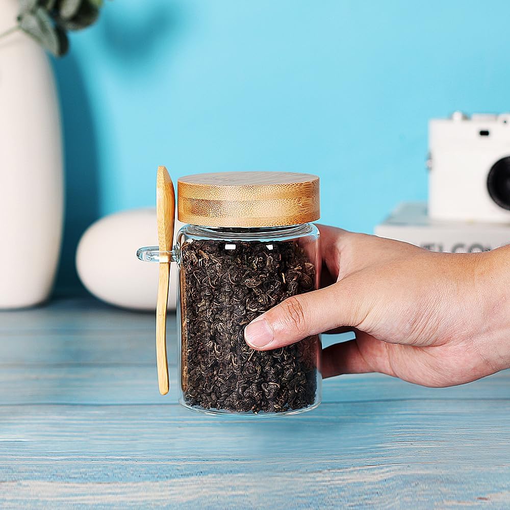 Glass Jar with Screw Lid and Spoon, 6 Pack16 OZ Tea Containers for Loose Leaf Tea, Salt and Sugar Containers for Countertop, Yogurt Jars for Overnight Oatmeal