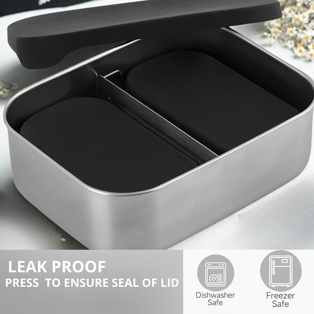 Flexibento - Leak proof Stainless Steel Lunch Box | Bento Box |Food , Lunch Containers with Silicone Lids| sandwich and Snack Containers |Metal lunch Box |Black | 27 OZ, 2*6.5 OZ| Adjustable Divider