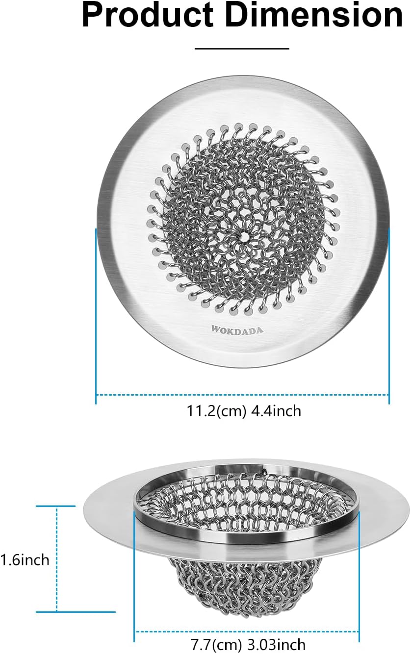 Sink Drain Strainer: Anti-Slip Flexible Chainlink, 304 Stainless Steel. Upgraded Clog-Free Kitchen Version, Easy-Clean Catcher for Garbage Disposal
