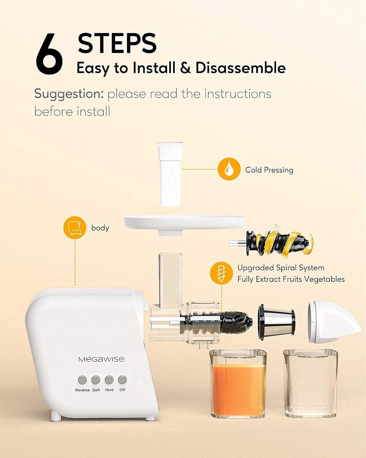 MegaWise Pro 2025 Updated Slow Masticating Juicer, 95% Juice Yield, 2-Speed & 9-Segment Spiral Cold Press, for Vegetables Fruits Nuts, Enhanced Nutrition Better Taste