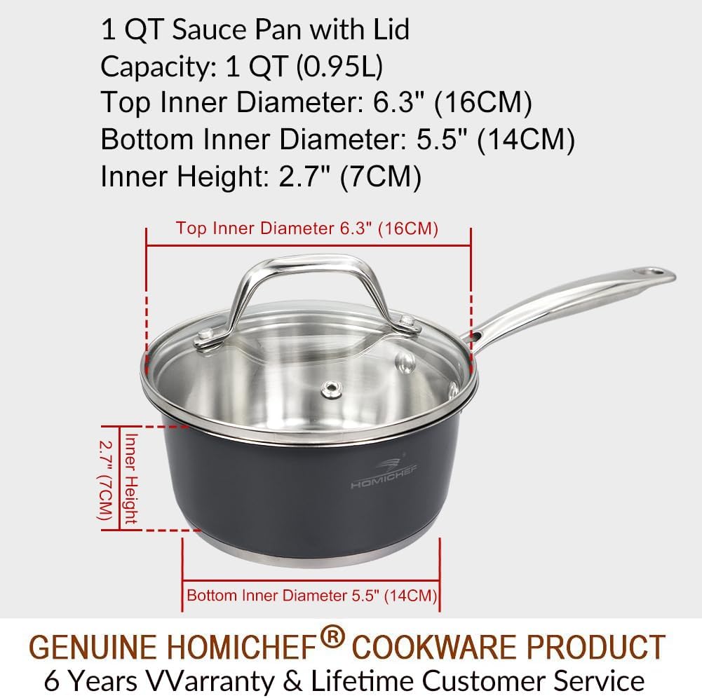 HOMICHEF 1 QT Nickel Free Stainless Steel Saucepan Coating Free - Navy Gray Healthy Non Toxic Small Pot Induction - Stainless Steel Saucepan with Glass Lid