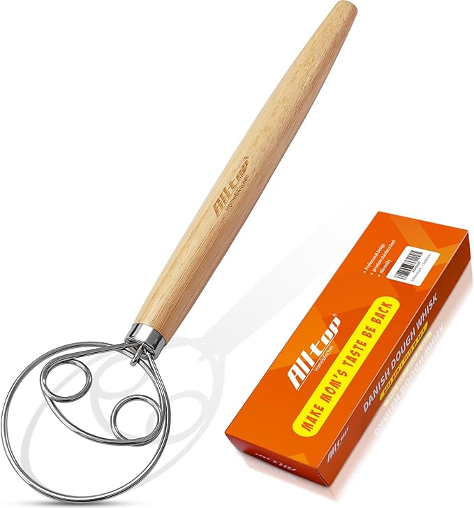 ALLTOP Danish Dough Whisk - Ultimate Dutch Mixer Hand Utensil with Stainless Steel Dough Hook - Essential Sourdough Stirring Stick for Perfect Bread Making Tool