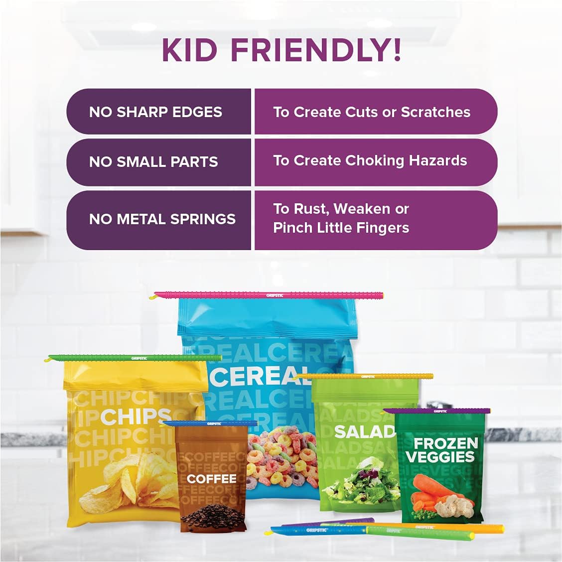 GripStic 12pc Assorted Bag Clips. Durable and reusable chip clips seal food bags air tight. Set includes: (2) 5" Blue, (3) 7.25" Purple, (3) 8.75" Orange, (3) 11.25" Green, (1) 13" Pink.